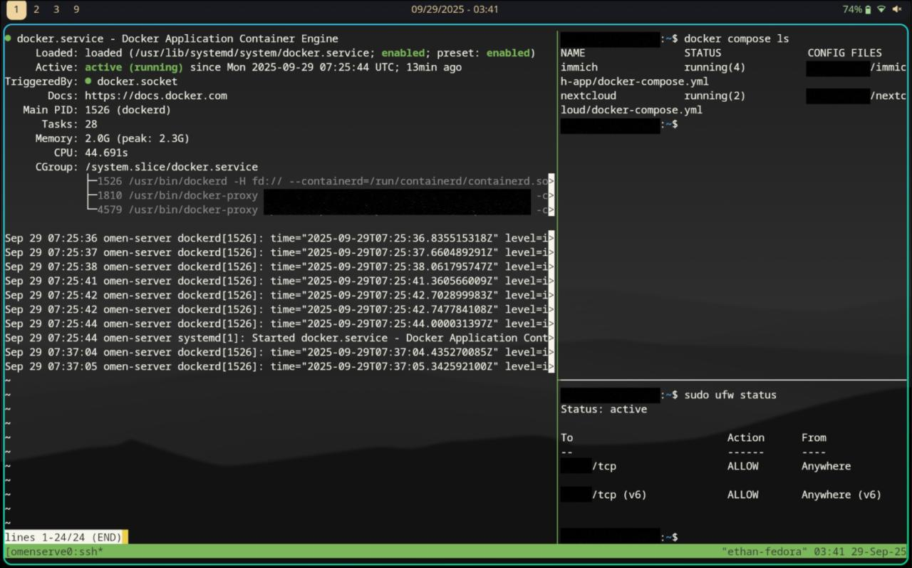 docker compose ls, ufw status, and the docker service status on omen-server