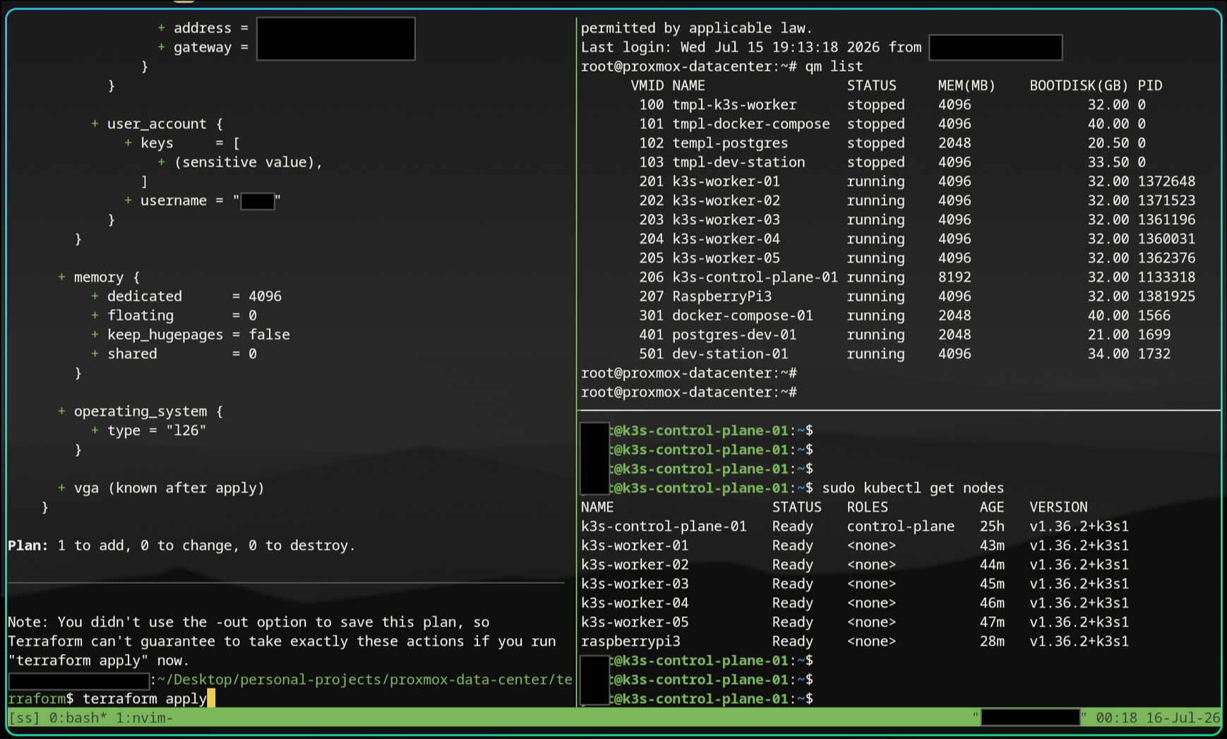 terraform apply alongside qm list and kubectl get nodes